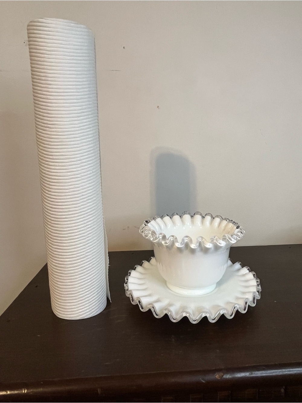 Vintage Fenton Silver Crest ruffled milk glass mayonnaise set bowl & dish - Picture 6 of 9